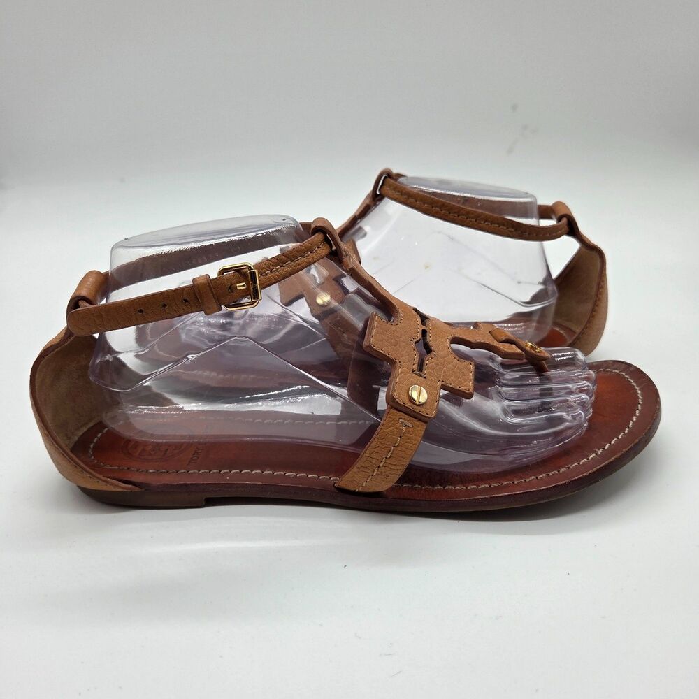 Tory Burch Phoebe Leather Flat Thong Sandal Tan Brown Size 9 - Picture 2 of 6